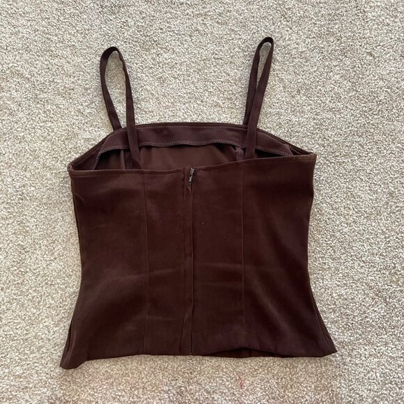 SOLDSuede Square Neck Fitted Brown Top With Zip Closure Small - Picture 4 of 7